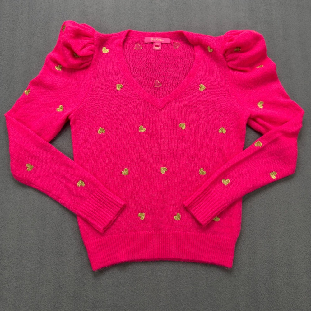 Lilly Pulitzer XXS Pink Gold Heart Puff Sleeve V-Neck Sweater